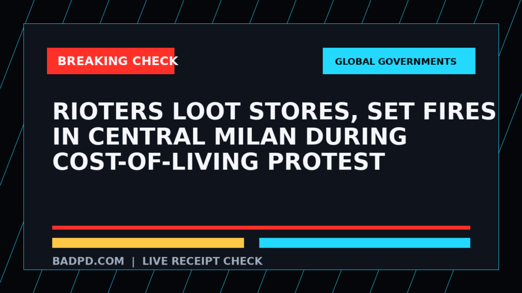 Symbolic editorial breaking-check graphic for Rioters loot stores, set fires in central Milan during cost-of-living protest, not a depiction of the event.