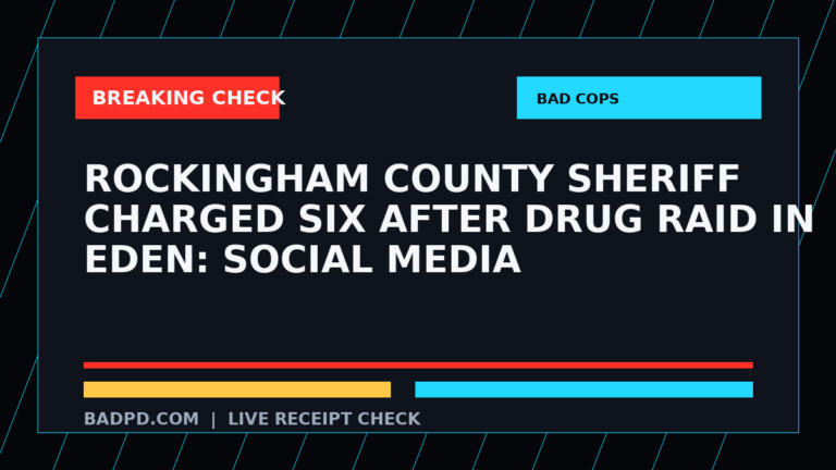 Symbolic editorial breaking-check graphic for Rockingham County Sheriff charged six after drug raid in Eden: social media, not a depiction of the event.