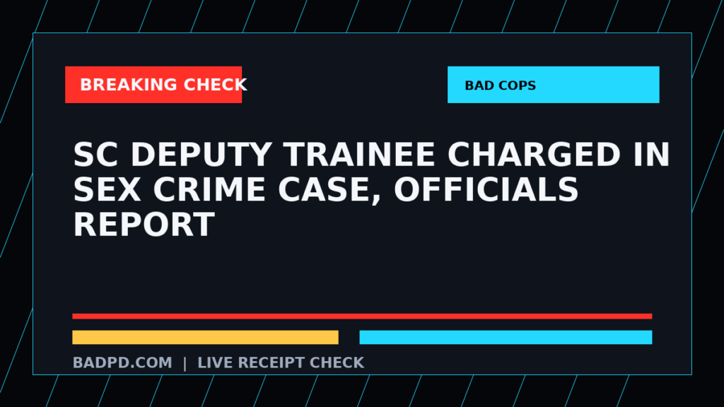 Symbolic editorial breaking-check graphic for SC deputy trainee charged in sex crime case, officials report, not a depiction of the event.