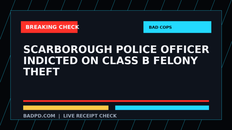 Symbolic editorial breaking-check graphic for Scarborough police officer indicted on Class B felony theft, not a depiction of the event.