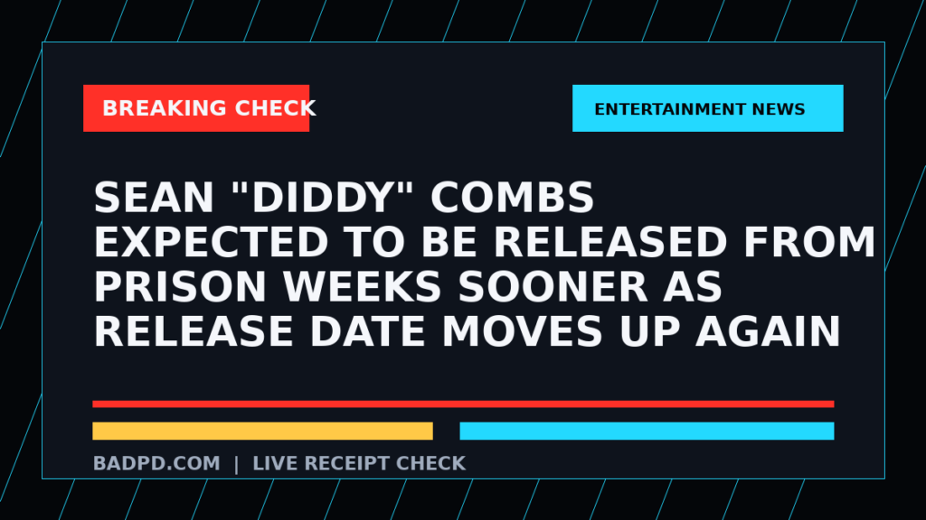 Symbolic editorial breaking-check graphic for Sean "Diddy" Combs expected to be released from prison weeks sooner as release date moves up again, not a depiction of the event.
