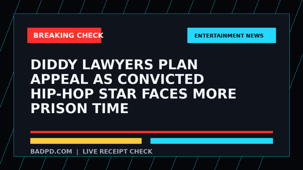 Symbolic editorial breaking-check graphic for Diddy Lawyers Plan Appeal As Convicted Hip-Hop Star Faces More Prison Time, not a depiction of the event.