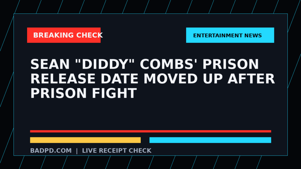Symbolic editorial breaking-check graphic for Sean "Diddy" Combs' Prison Release Date Moved Up After Prison Fight, not a depiction of the event.