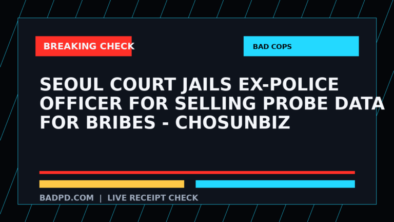 Symbolic editorial breaking-check graphic for Seoul court jails ex-police officer for selling probe data for bribes - CHOSUNBIZ, not a depiction of the event.