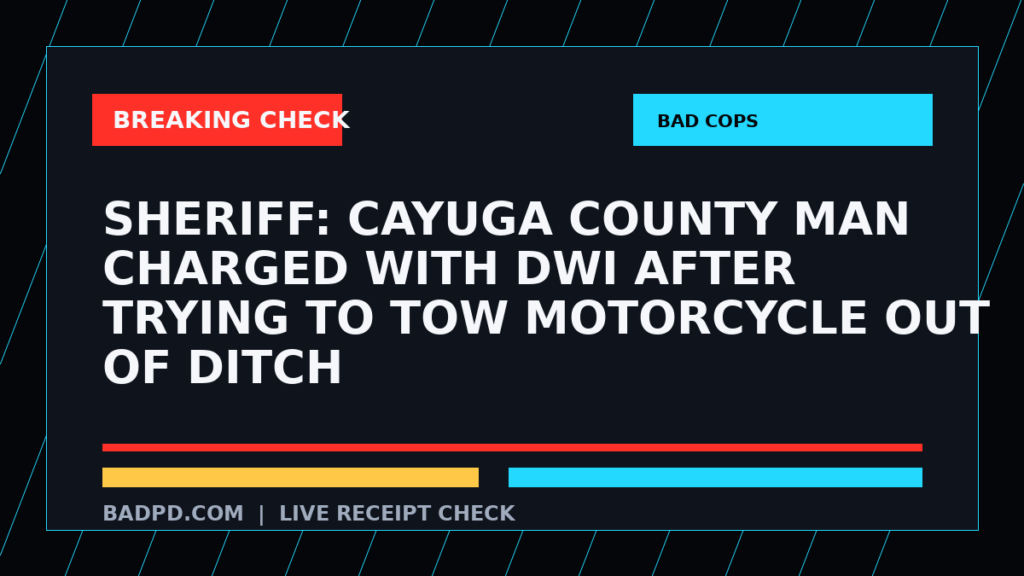 Symbolic editorial breaking-check graphic for Sheriff: Cayuga County man charged with DWI after trying to tow motorcycle out of ditch, not a depiction of the event.
