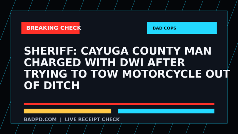 Symbolic editorial breaking-check graphic for Sheriff: Cayuga County man charged with DWI after trying to tow motorcycle out of ditch, not a depiction of the event.