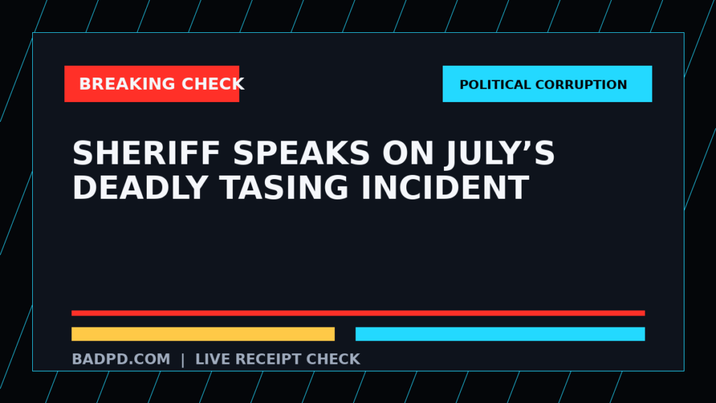 Symbolic editorial breaking-check graphic for Sheriff speaks on July’s deadly tasing incident, not a depiction of the event.