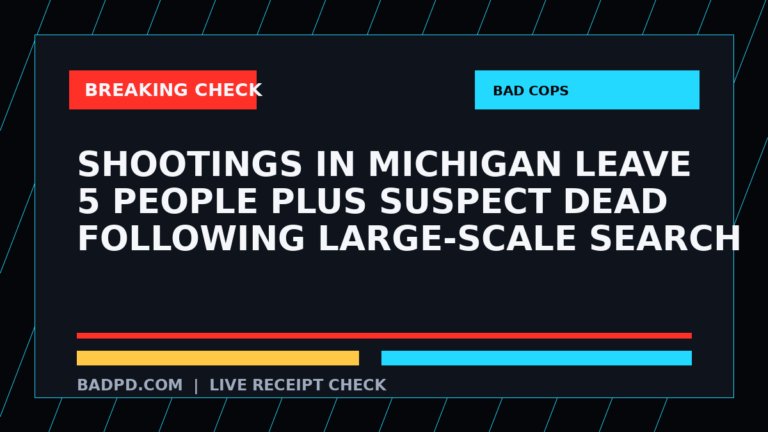 Symbolic editorial breaking-check graphic for Shootings in Michigan leave 5 people plus suspect dead following large-scale search, not a depiction of the event.