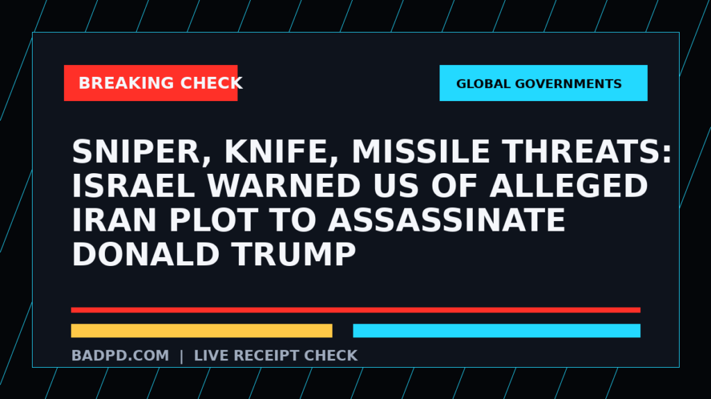Symbolic editorial breaking-check graphic for Sniper, knife, missile threats: Israel warned US of alleged Iran plot to assassinate Donald Trump, not a depiction of the event.