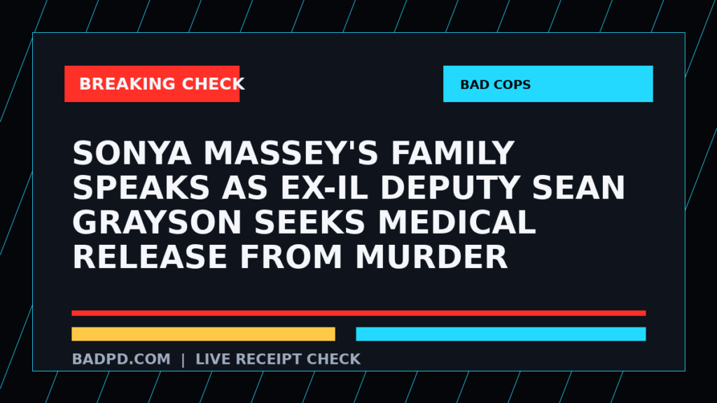 Symbolic editorial breaking-check graphic for Sonya Massey's family speaks as ex-IL Deputy Sean Grayson seeks medical release from murder sentence, not a depiction of the event.