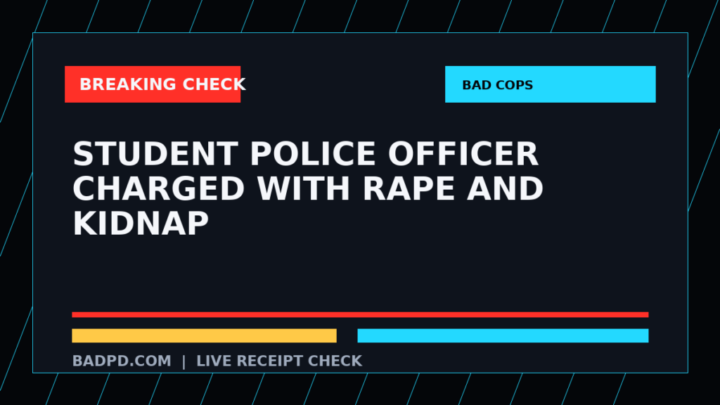 Symbolic editorial breaking-check graphic for Student police officer charged with rape and kidnap, not a depiction of the event.