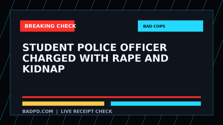 Symbolic editorial breaking-check graphic for Student police officer charged with rape and kidnap, not a depiction of the event.