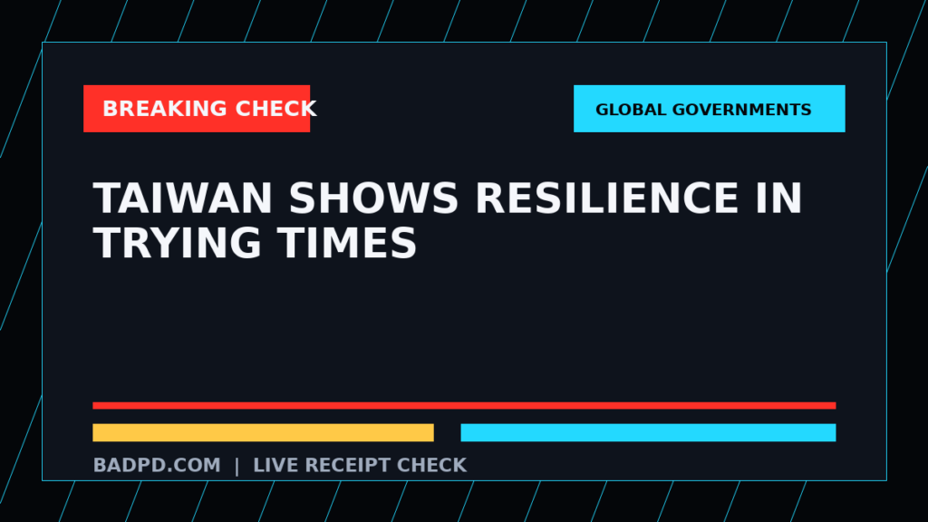 Symbolic editorial breaking-check graphic for Taiwan Shows Resilience in Trying Times, not a depiction of the event.