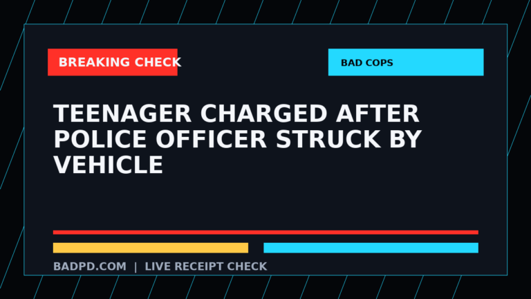 Symbolic editorial breaking-check graphic for Teenager charged after Police Officer struck by vehicle, not a depiction of the event.