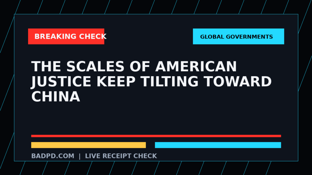 Symbolic editorial breaking-check graphic for The Scales of American Justice Keep Tilting Toward China, not a depiction of the event.
