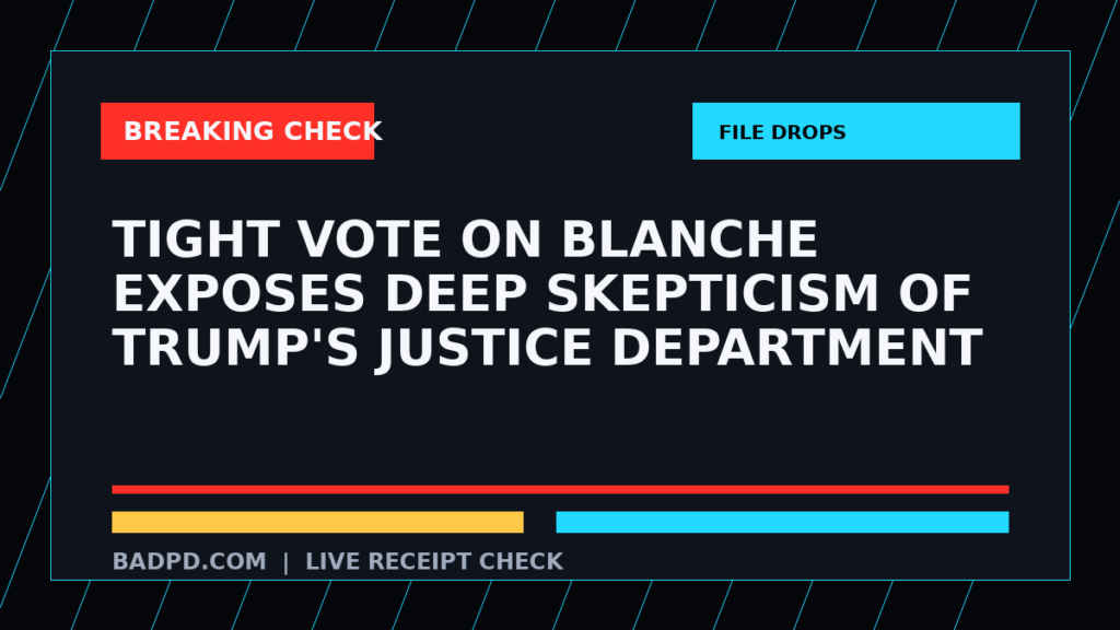BadPD branded editorial card for Todd Blanche confirmed Attorney General 50-49 in Senate vote 230; symbolic artwork, not a documentary image.