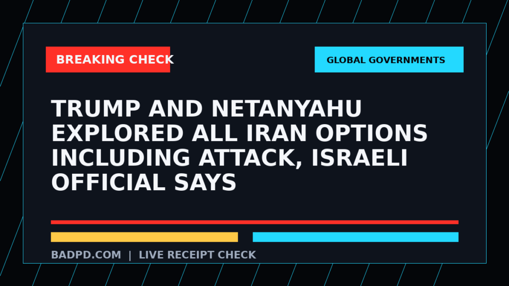 Symbolic editorial breaking-check graphic for Trump and Netanyahu explored all Iran options including attack, Israeli official says, not a depiction of the event.