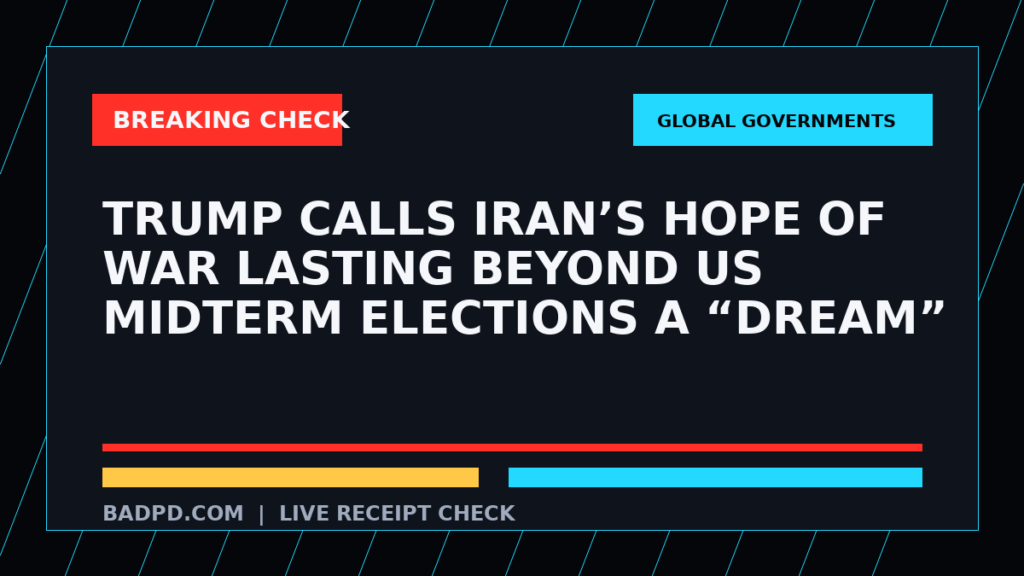 Symbolic editorial breaking-check graphic for Trump Calls Iran’s Hope of War Lasting Beyond US Midterm Elections a “Dream”, not a depiction of the event.