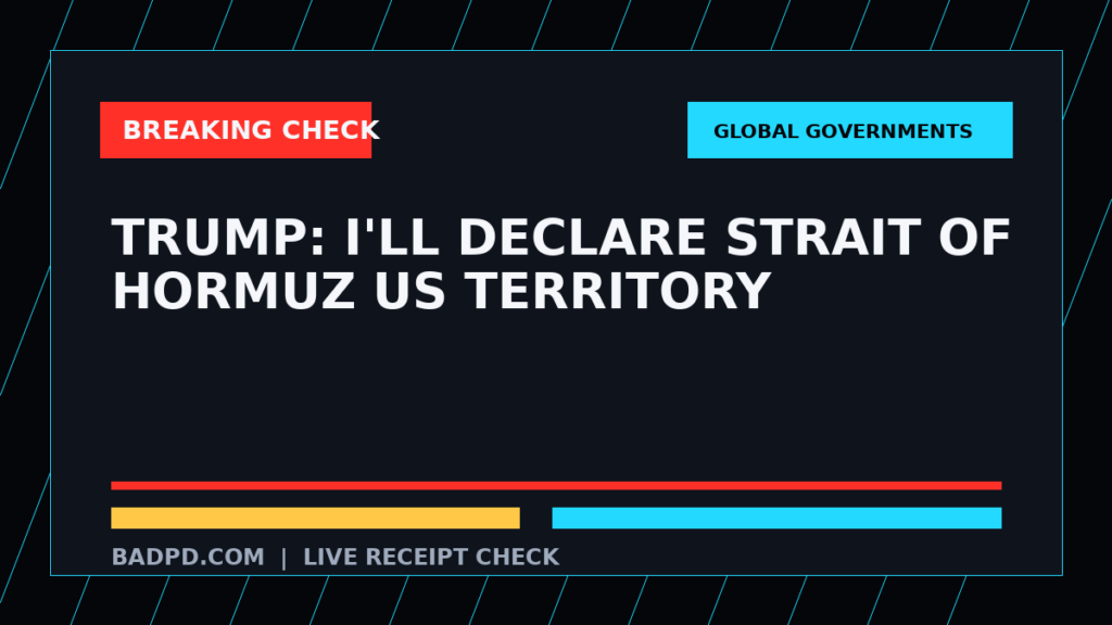 Symbolic editorial breaking-check graphic for Trump: I'll declare Strait of Hormuz US territory, not a depiction of the event.