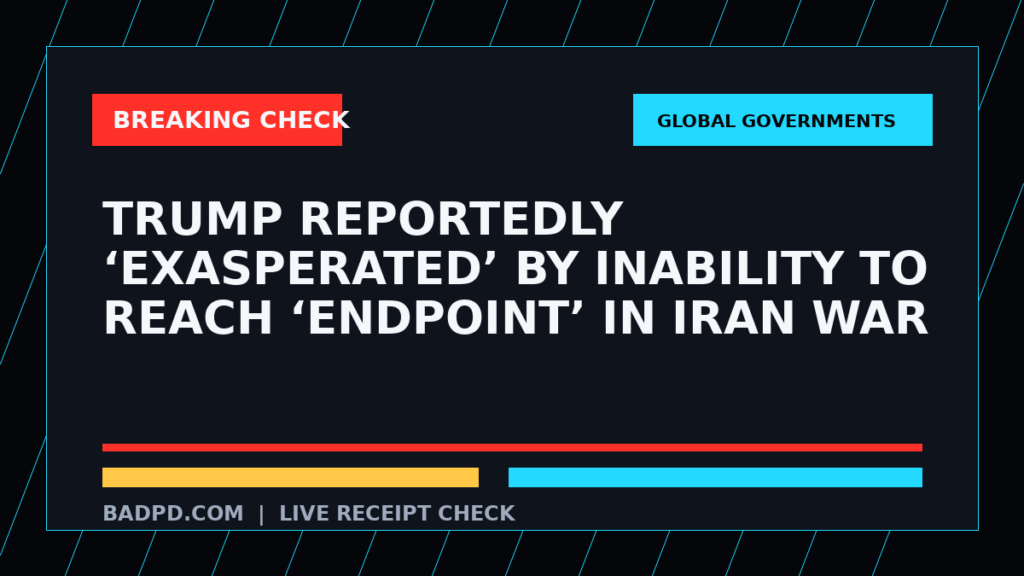 Symbolic editorial breaking-check graphic for Trump reportedly ‘exasperated’ by inability to reach ‘endpoint’ in Iran war, not a depiction of the event.