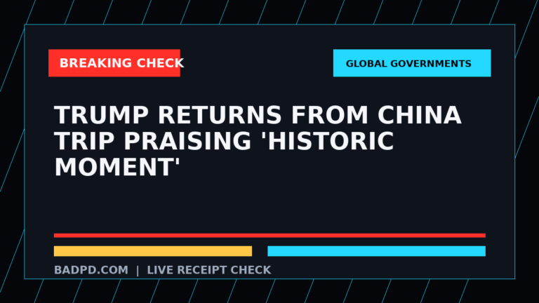 Symbolic editorial breaking-check graphic for Trump returns from China trip praising 'historic moment', not a depiction of the event.