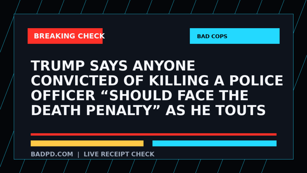 Symbolic editorial breaking-check graphic for Trump Says Anyone Convicted of Killing a Police Officer “Should Face the Death Penalty” as He Touts Day-One Executive Order at Nassau County Police Academy - NewsBreak: Local News..., not a depiction of the event.