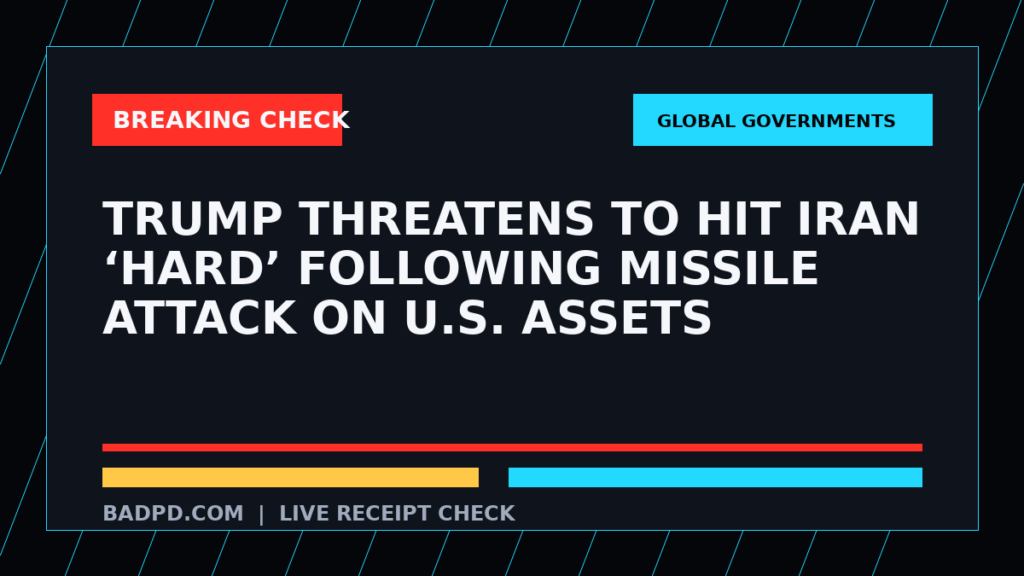 Symbolic editorial breaking-check graphic for Trump threatens to hit Iran ‘hard’ following missile attack on U.S. assets, not a depiction of the event.