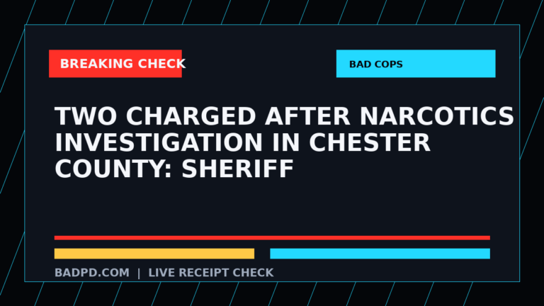 Symbolic editorial breaking-check graphic for Two charged after narcotics investigation in Chester County: Sheriff, not a depiction of the event.