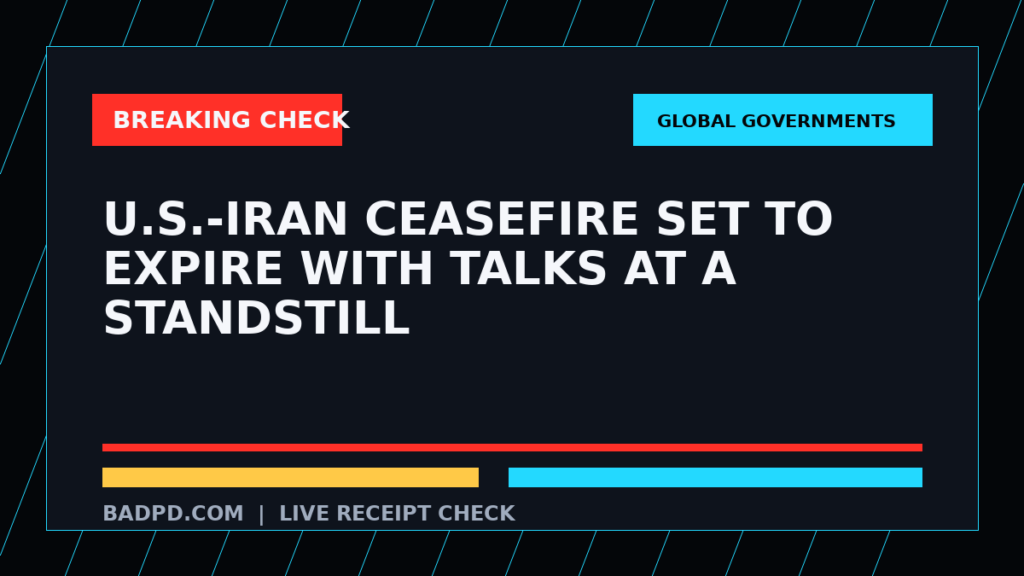 Symbolic editorial breaking-check graphic for U.S.-Iran ceasefire set to expire with talks at a standstill, not a depiction of the event.