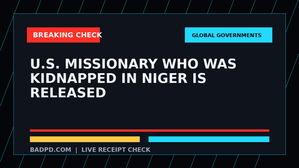 Symbolic editorial breaking-check graphic for U.S. missionary who was kidnapped in Niger is released, not a depiction of the event.