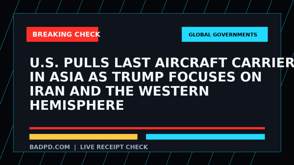 Symbolic editorial breaking-check graphic for U.S. pulls last aircraft carrier in Asia as Trump focuses on Iran and the Western Hemisphere, not a depiction of the event.