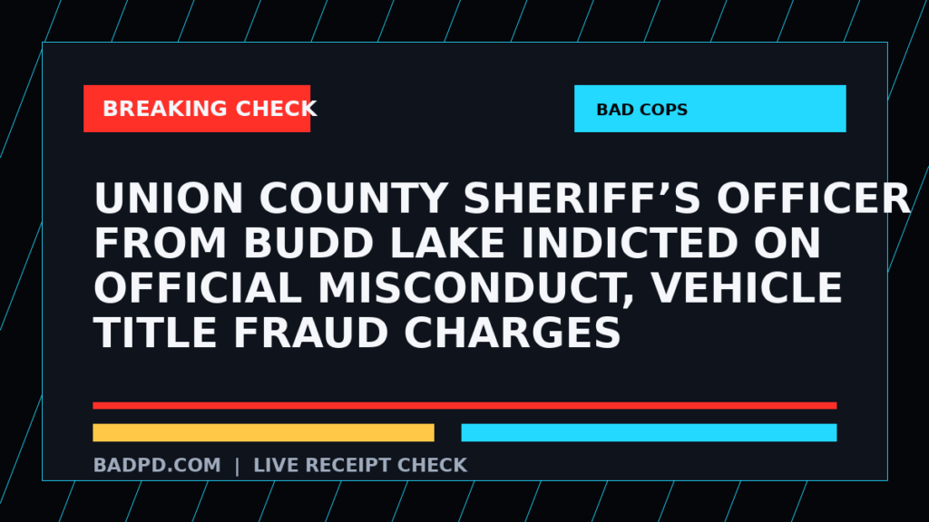 Symbolic editorial breaking-check graphic for Union County sheriff’s officer from Budd Lake indicted on official misconduct, vehicle title fraud charges, not a depiction of the event.