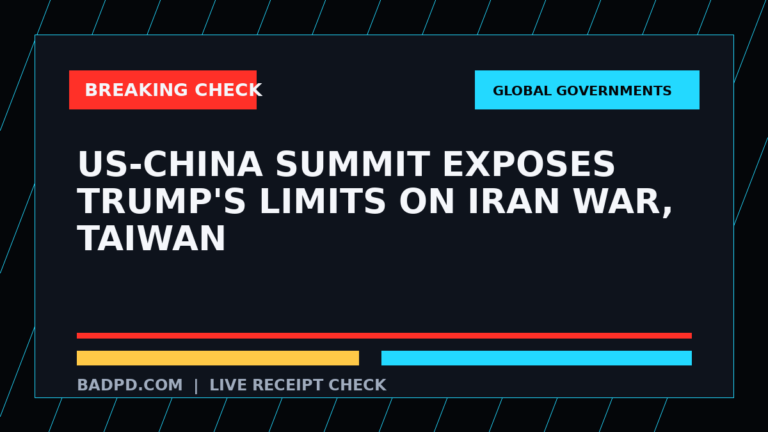 Symbolic editorial breaking-check graphic for US-China summit exposes Trump's limits on Iran war, Taiwan, not a depiction of the event.