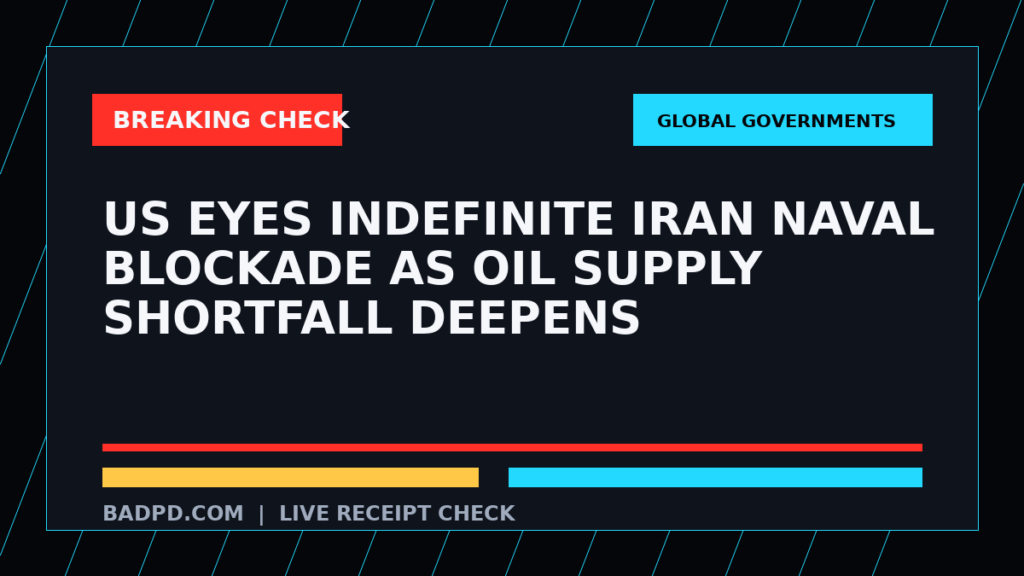 Symbolic editorial breaking-check graphic for US eyes indefinite Iran naval blockade as oil supply shortfall deepens, not a depiction of the event.