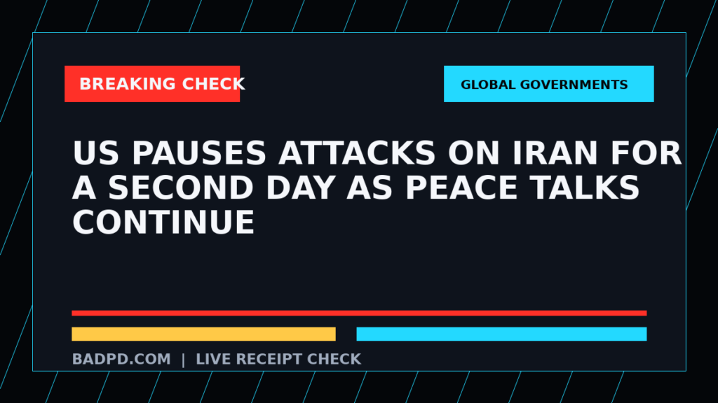 Symbolic editorial breaking-check graphic for US pauses attacks on Iran for a second day as peace talks continue, not a depiction of the event.