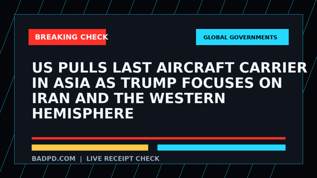 Symbolic editorial breaking-check graphic for US pulls last aircraft carrier in Asia as Trump focuses on Iran and the Western Hemisphere, not a depiction of the event.