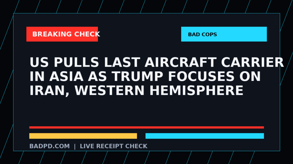 Symbolic editorial breaking-check graphic for US pulls last aircraft carrier in Asia as Trump focuses on Iran, Western Hemisphere, not a depiction of the event.
