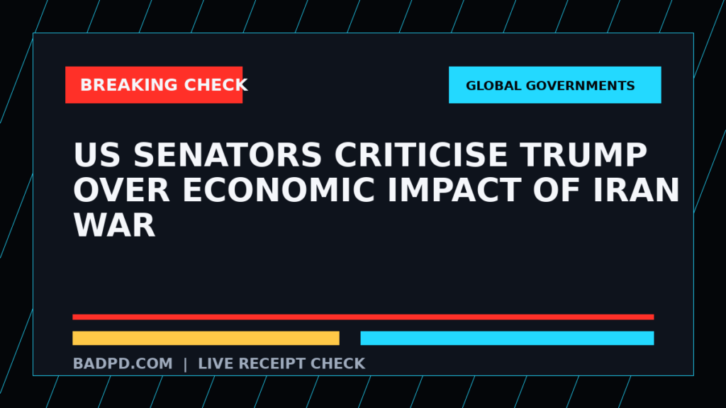 Symbolic editorial breaking-check graphic for US senators criticise Trump over economic impact of Iran war, not a depiction of the event.