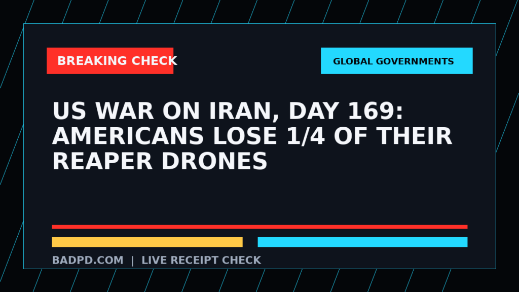 Symbolic editorial breaking-check graphic for US War on Iran, Day 169: Americans Lose 1/4 of Their Reaper Drones, not a depiction of the event.
