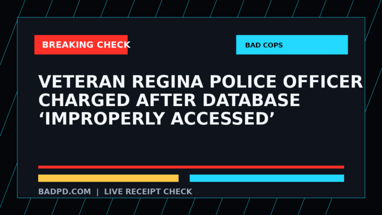 Symbolic editorial breaking-check graphic for Veteran Regina police officer charged after database ‘improperly accessed’, not a depiction of the event.