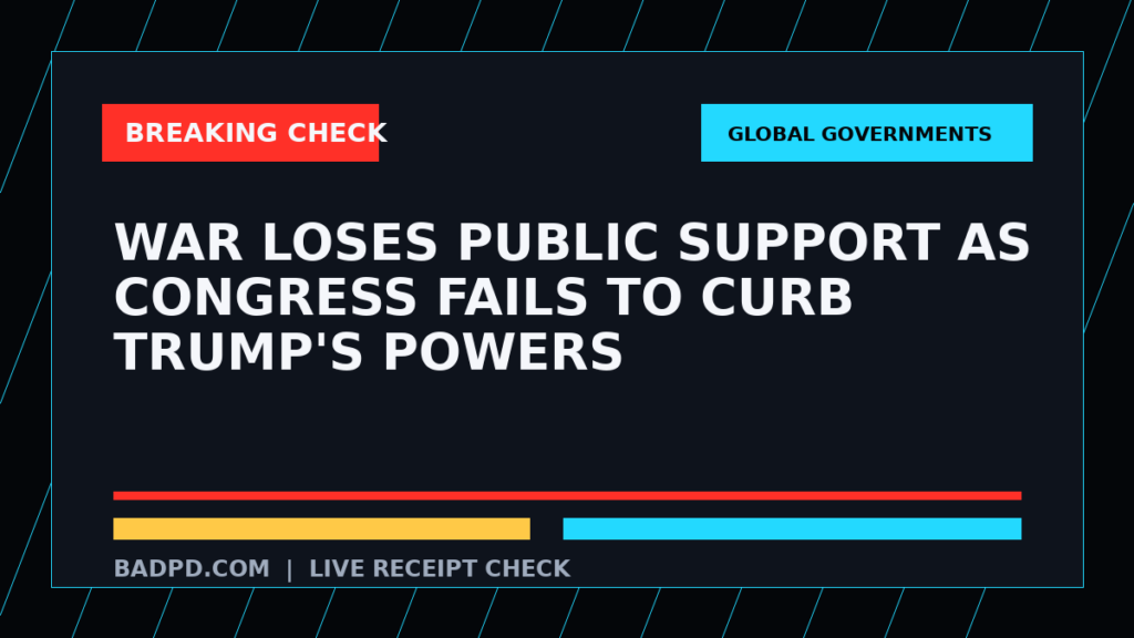 Symbolic editorial breaking-check graphic for War loses public support as Congress fails to curb Trump's powers, not a depiction of the event.