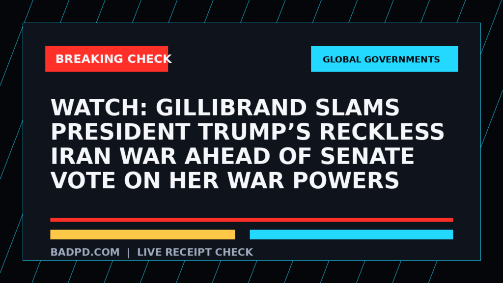 Symbolic editorial breaking-check graphic for WATCH: Gillibrand Slams President Trump’s Reckless Iran War Ahead Of Senate Vote On Her War Powers Resolution, not a depiction of the event.