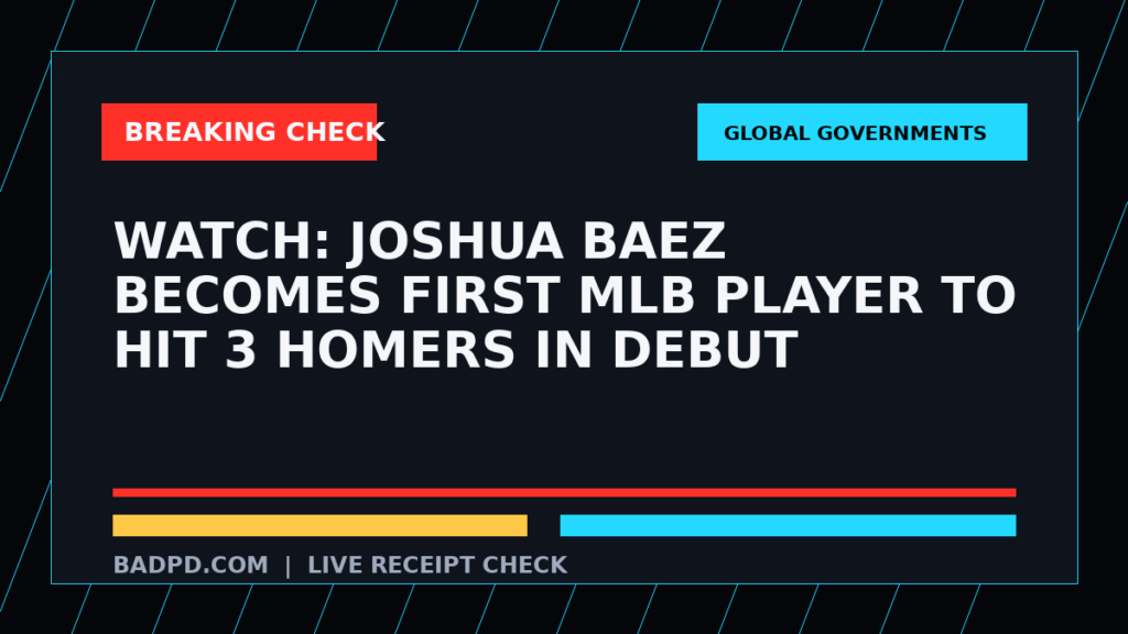 Symbolic editorial breaking-check graphic for WATCH: Joshua Baez becomes first MLB player to hit 3 homers in debut, not a depiction of the event.