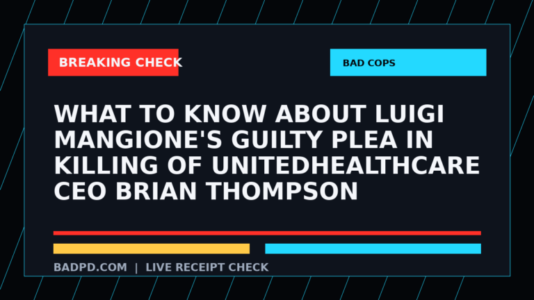 Symbolic editorial breaking-check graphic for What to know about Luigi Mangione's guilty plea in killing of UnitedHealthcare CEO Brian Thompson, not a depiction of the event.
