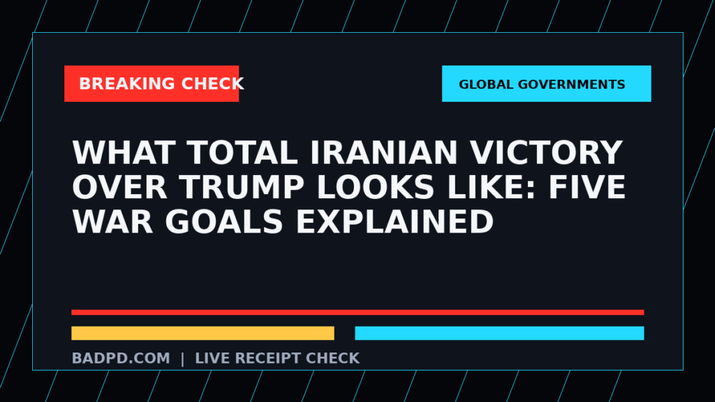 Symbolic editorial breaking-check graphic for What Total Iranian Victory Over Trump Looks Like: Five War Goals Explained, not a depiction of the event.