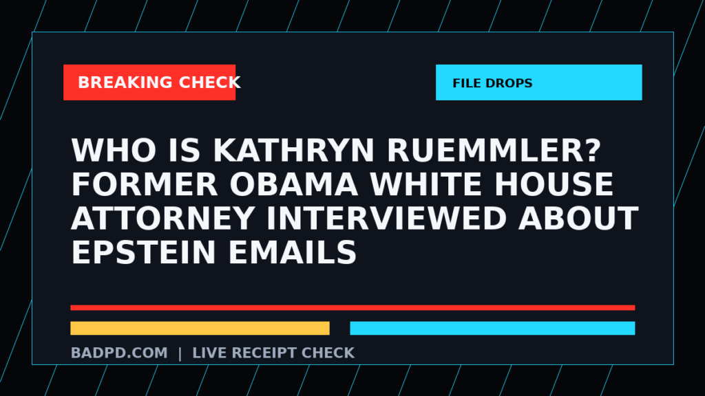 Symbolic editorial breaking-check graphic for Who is Kathryn Ruemmler? Former Obama White House attorney interviewed about Epstein emails, not a depiction of the event.
