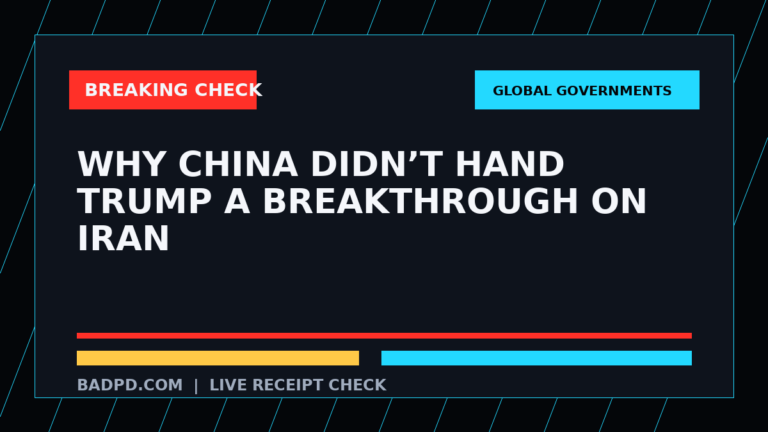 Symbolic editorial breaking-check graphic for Why China didn’t hand Trump a breakthrough on Iran, not a depiction of the event.