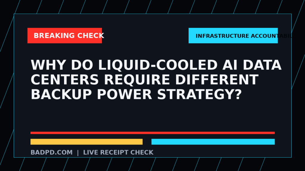 Symbolic editorial breaking-check graphic for Why do liquid-cooled AI data centers require different backup power strategy?, not a depiction of the event.