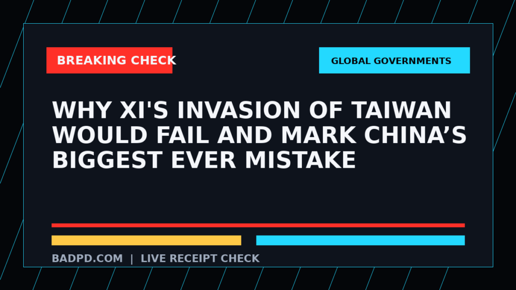 Symbolic editorial breaking-check graphic for Why Xi's invasion of Taiwan would fail and mark China’s biggest ever mistake, not a depiction of the event.