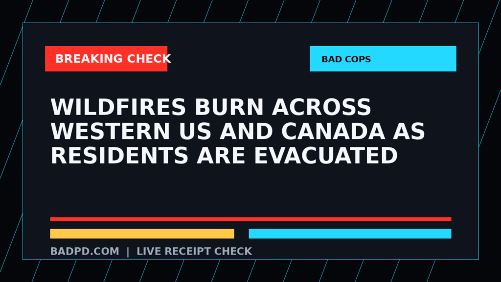 Symbolic editorial breaking-check graphic for Wildfires burn across western US and Canada as residents are evacuated, not a depiction of the event.